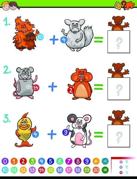 Illustrazione Del Fumetto Del Gioco Educativo Attività Addizione Matematica Bambini — Vettoriale Stock