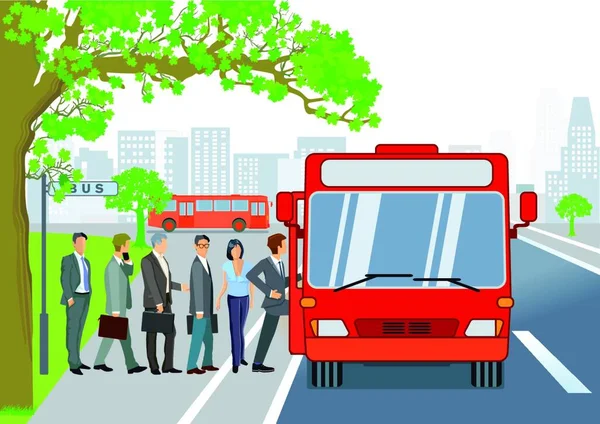 Bushaltestelle Mit Linienbus Und Fahrgästen — Stockvektor