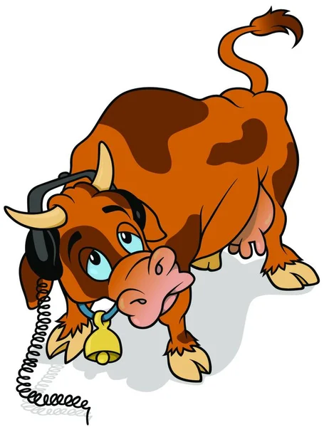 Brown Spatřen Kráva Sluchátky Hlavě Veselý Kreslený Obrázek Vektorový — Stockový vektor