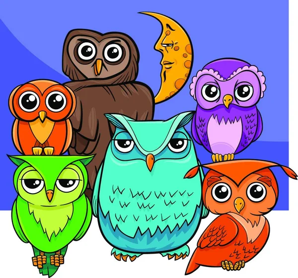 Ilustración Dibujos Animados Búho Aves Personajes Animales Grupo — Vector de stock