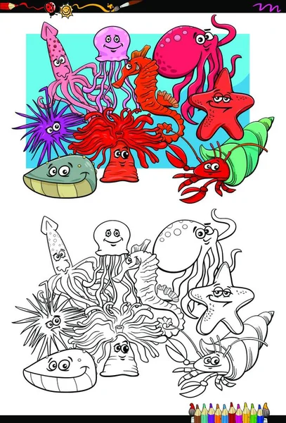 Cartoon Illustration Von Meeresleben Tierfiguren Gruppe Malbuch Aktivität — Stockvektor