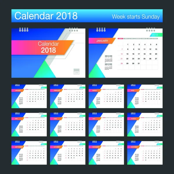 Calendário 2018 Desk Calendar Modelo Design Moderno Semana Começa Domingo — Vetor de Stock