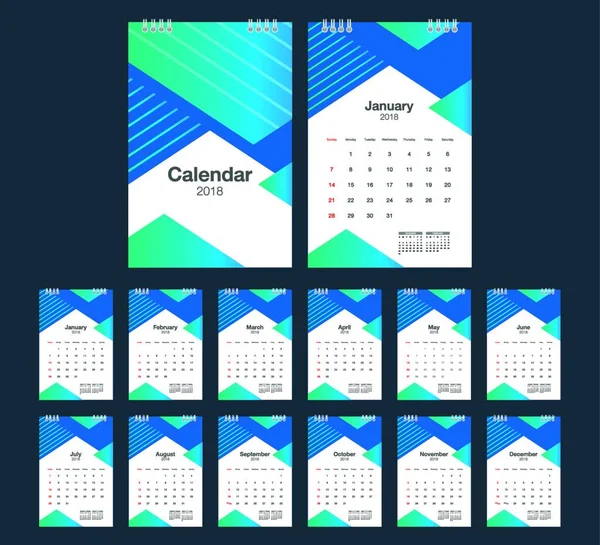 Calendário 2018 Desk Calendar Modelo Design Moderno Semana Começa Domingo — Vetor de Stock