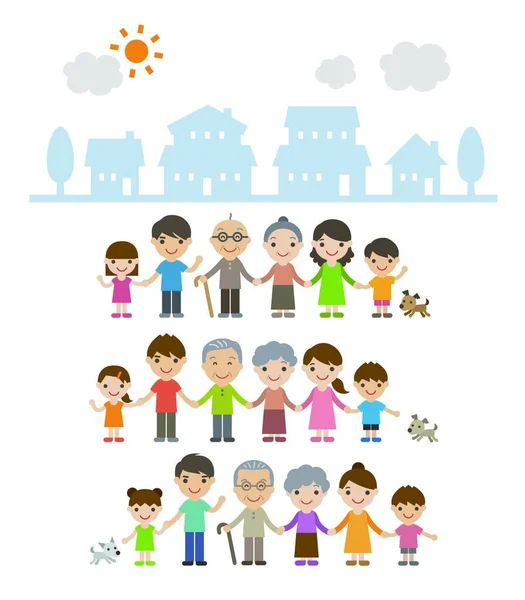 Trois Générations Familles Tenant Main Tenant Ensemble Devant Les Maisons — Image vectorielle