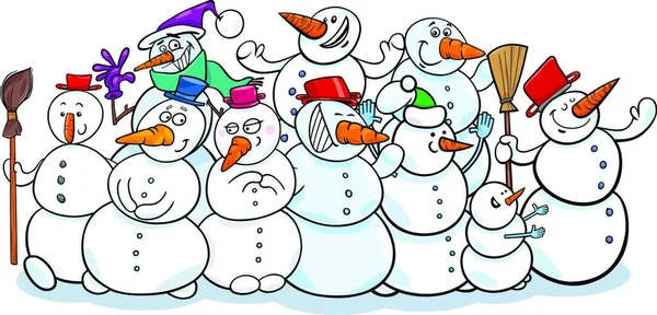 Ilustracja Komiksu Funny Snowmen Fantasy Characters Group — Wektor stockowy
