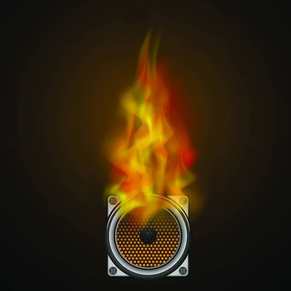 Musical Black Speaker Fire Flame Isolated Blurred Dark Background — Stock Vector