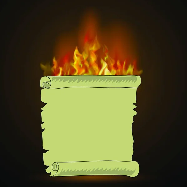 Bruciare Carta Vecchia Con Fiamma Fuoco Isolata Sfondo Nero — Vettoriale Stock