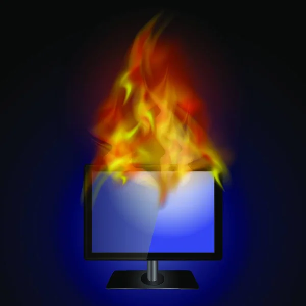 Burning Screen Monitor Fire Flame Blue Background — Stock Vector
