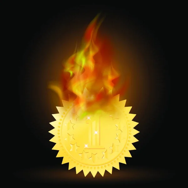 Икона Горящая Золотая Медаль Огненным Пламенем Выделенным Черном Фоне — стоковый вектор