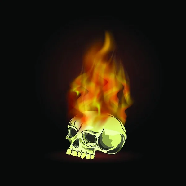 Burning Old Human Skull Fire Flame Black Background — Stock Vector