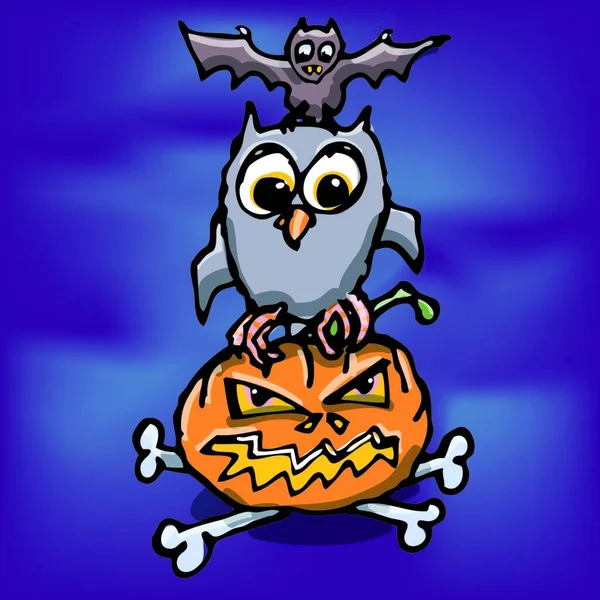 Halloween Owl Pumpkin Bones Bat — Stock Vector