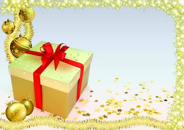 Weihnachten Hintergrund Mit Goldenen Ornamenten Weihnachtsgeschenk Und Christbaumkugeln Und Kette — Stockvektor