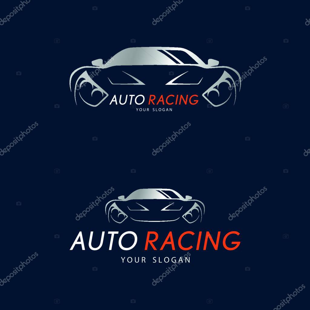 Auto racing symbol on dark blue background. Silver sport car logo design for dealer, shop, service station, showroom or corporate identity. Vector illustration.
