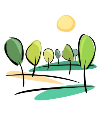 spring trees on the hill. sunny spring or summer day. flat design landscape vector illustration. ecology scene isolated on white background clipart