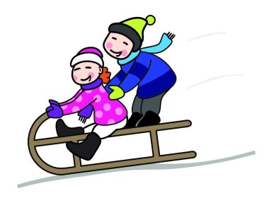 girl in winter clothes sits on a sledge,behind her a boy clings to her,sledging down hills clipart