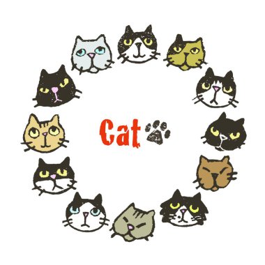 Circle frame with different types of cute cats, frame design clipart