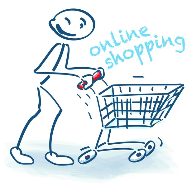 Tokoh Tongkat Dengan Keranjang Belanja Dan Belanja Online - Stok Vektor