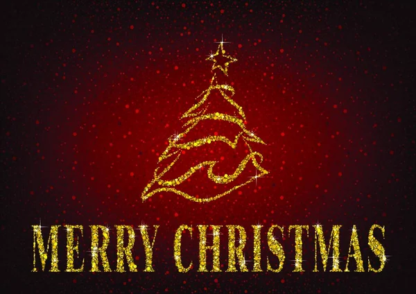 赤いキラキラ背景 ベクトル図に黄金のクリスマス ツリーと赤いクリスマス グリーティング カード — ストックベクタ