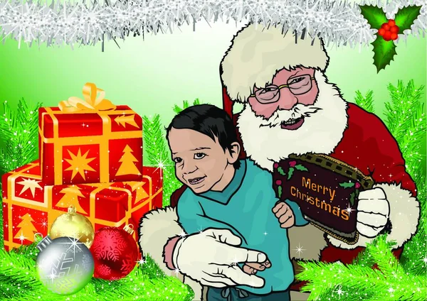 Рождественская Открытка Санта Клаусом Обнимающим Маленького Мальчика Древовидные Иглы Иллюстрация — стоковый вектор