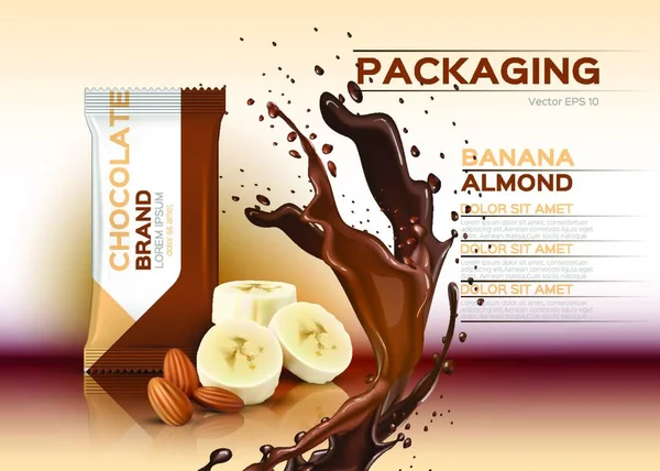 Chocolade Met Banaan Amandelen Vector Realistische Mock Verpakking Label Ontwerp — Stockvector