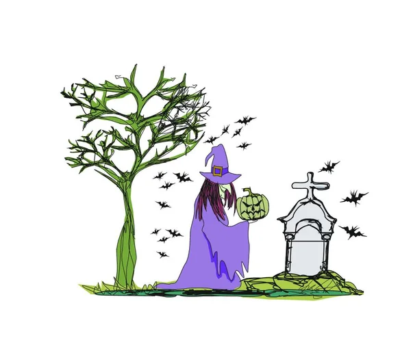 Illustrazione Strega Con Zucca Halloween — Vettoriale Stock