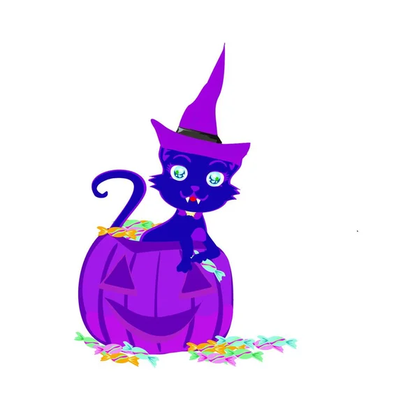 Gato Uma Abóbora Halloween — Vetor de Stock