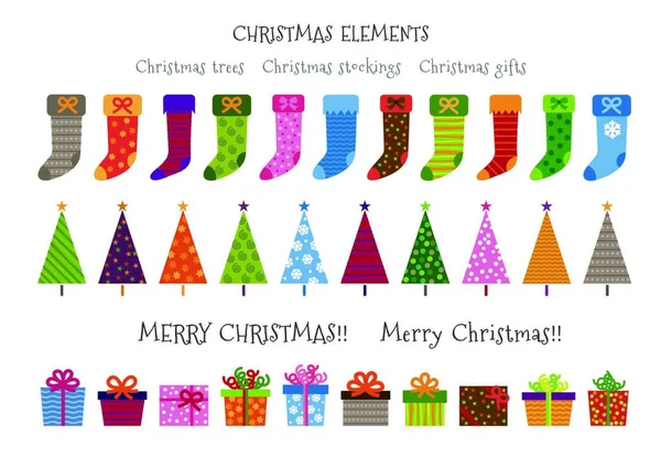 Arbres Noël Motifs Colorés Cadeaux Bas Illustration Des Éléments Noël — Image vectorielle