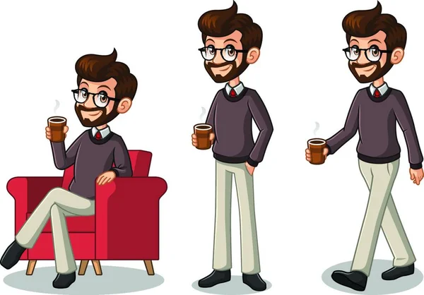 一套时髦的商人卡通人物设计做一个休息放松与控股喝咖啡茶 隔离反对白色背景 — 图库矢量图片