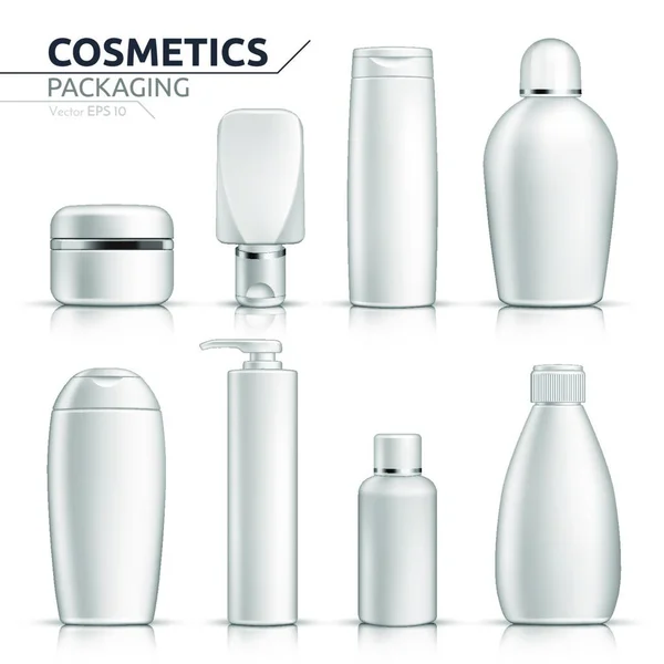 Realistic Cosmetic Bottles Mock Set White Background Blank Templates Empty — Stock Vector