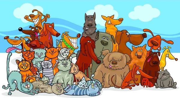 Γελοιογραφία Εικονογράφηση Της Ομάδας Αστεία Σκυλιά Και Γάτες Χαρακτήρες Ζώων — Διανυσματικό Αρχείο