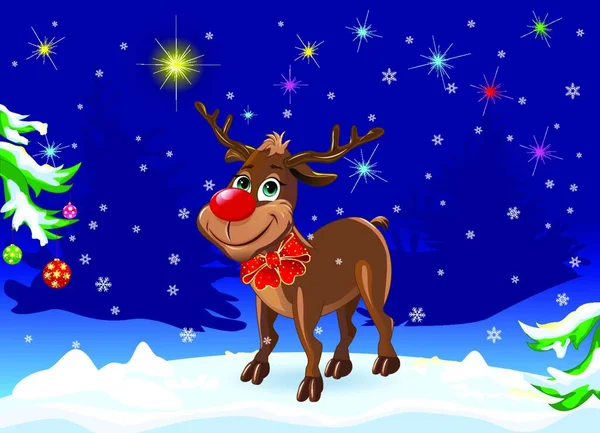 Ciervo Rudolph Bosque Invierno Víspera Navidad — Vector de stock