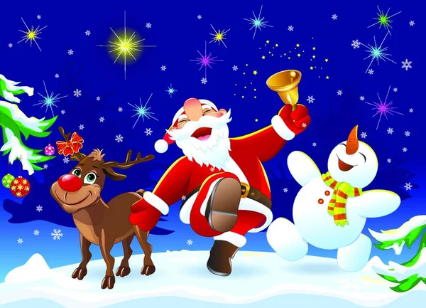 Santa Claus Ciervo Rudolph Muñeco Nieve Bosque Invierno Feliz Santa — Vector de stock
