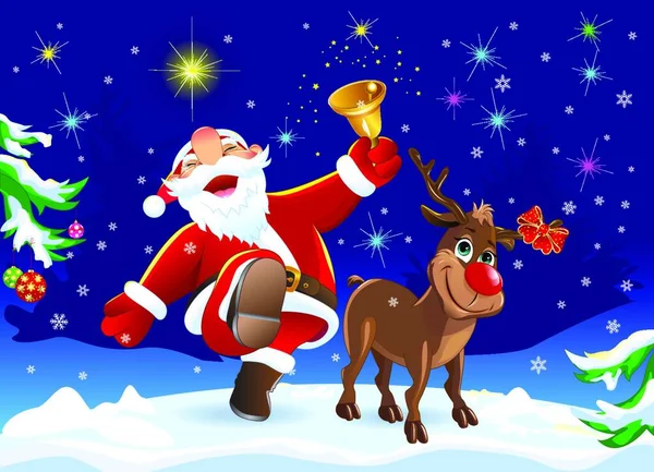 Santa Claus Ciervos Bosque Invierno Feliz Santa Claus Ciervos Regocijan — Vector de stock