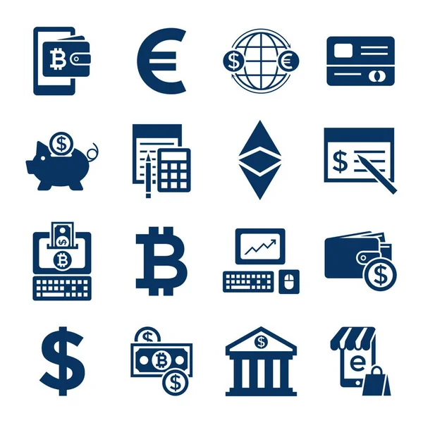 Vetor Digital Bitcoin Criptomoeda Dinheiro Eletrônico Pagamentos Transferência Ícones Conjunto — Vetor de Stock