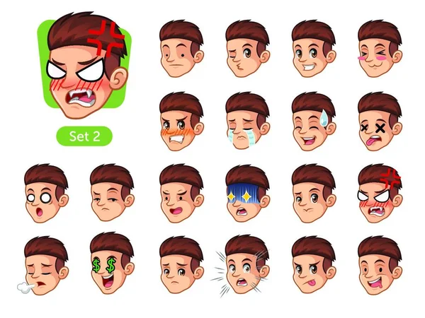 The second set of male facial emotions cartoon character design with red hair and different expressions, sad, tired, angry, die, mercenary, disappointed, shocked, tasty, etc. vector illustration.
