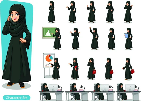 一套阿拉伯女商人在黑色礼服卡通人物设计不同的姿势 孤立反对白色背景 — 图库矢量图片