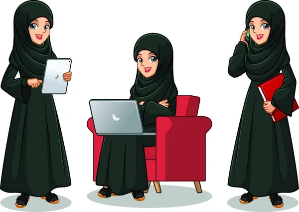 Sada Arabských Podnikatelka Černých Šatech Kreslený Charakter Designu Pracuje Miniaplikace — Stockový vektor