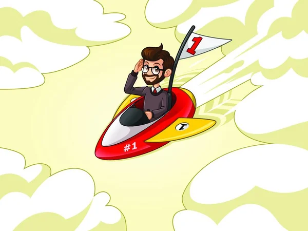 Hipster Zakenman Cartoon Characterdesign Rijden Een Raket Met Nummer Één — Stockvector