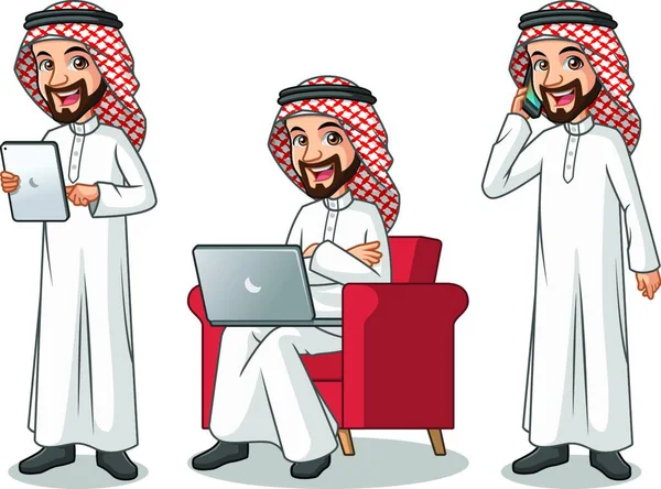 Set Pengusaha Arab Saudi Pria Desain Karakter Kartun Bekerja Pada - Stok Vektor