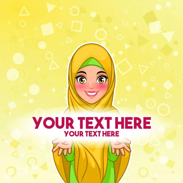 本文スペース漫画キャラクター デザイン 黄色背景に ベクトル図を提示ヒジャーブ ベールを身に着けているイスラム教徒の女性 — ストックベクタ