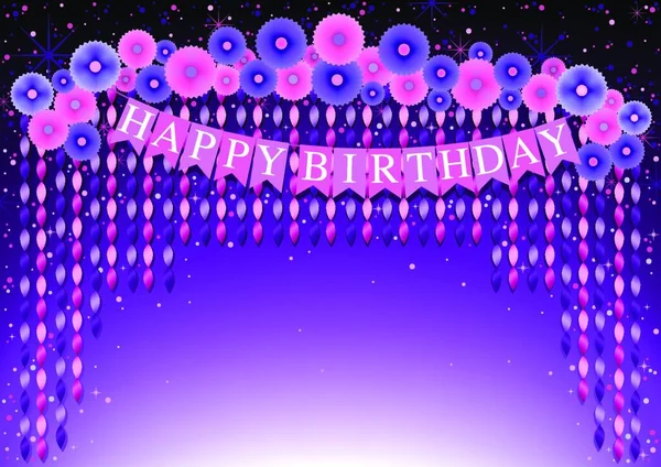 Gelukkige Verjaardag Achtergrond Met Paarse Roze Papieren Bloemen Opknoping Gedraaide — Stockvector