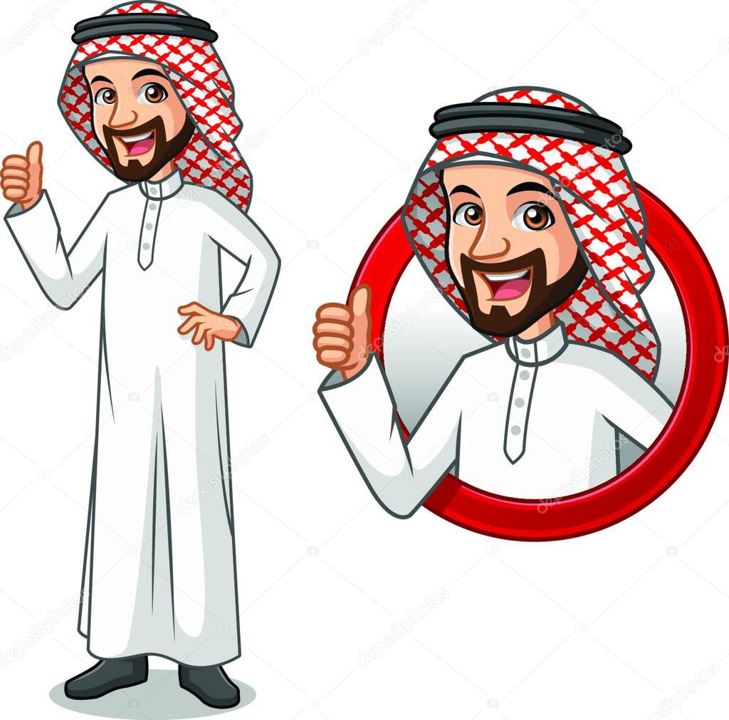 Set of businessman Saudi Arab man cartoon character design, inside the circle logo concept with showing like, ok, good job, satisfied sign gesture with his thumbs up, isolated against white background