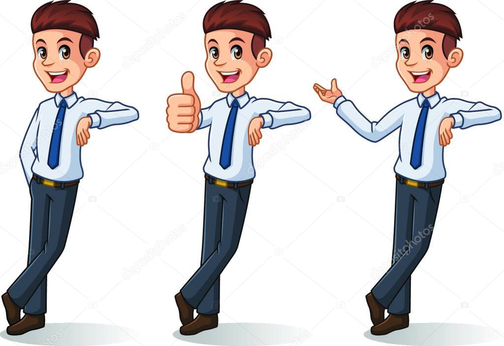 Set of businessman in shirt cartoon character design stand leaning against, isolated against white background.