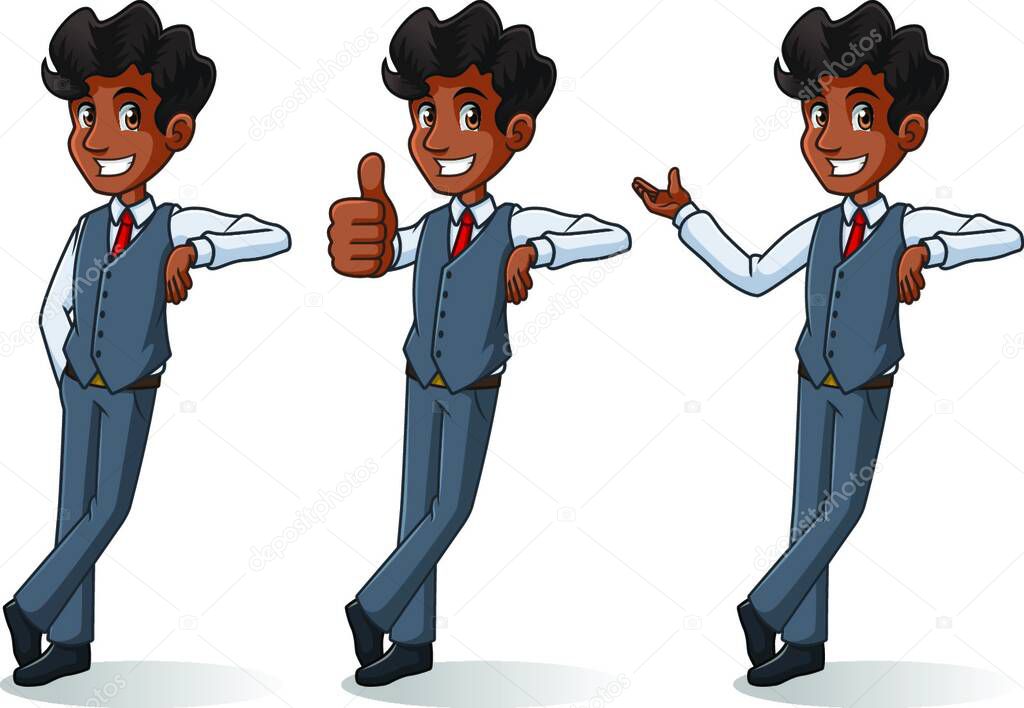 Set of businessman in vest cartoon character design stand leaning against, isolated against white background.