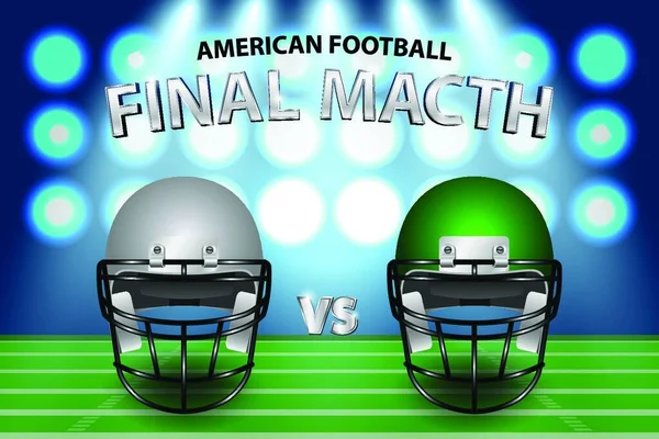 アメリカンフットボールの決勝戦のコンセプト スポットライトの背景を持つフィールド上の銀と緑のヘルメット ベクターイラスト — ストックベクタ