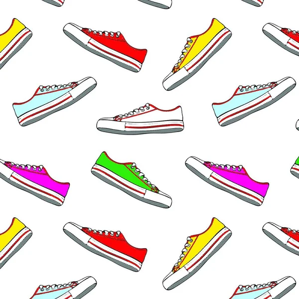 Patrón Sin Costuras Con Zapatillas Textiles Multicolores Cordones Blancos Sobre — Vector de stock