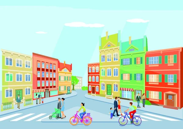 Piccola Città Con Pedoni Ciclismo Illustrazione — Vettoriale Stock