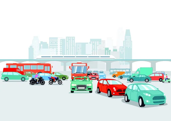 Gran Ciudad Con Coches Ilustración Tráfico — Vector de stock