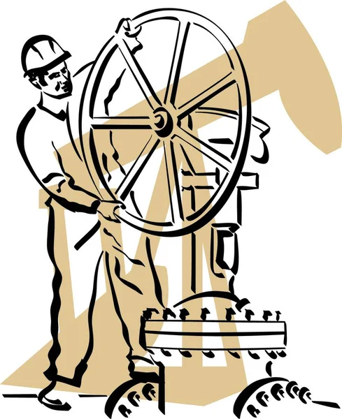 Vektorillustration Eines Ölarbeiters Bei Der Arbeit Auf Einer Ölplattform — Stockvektor