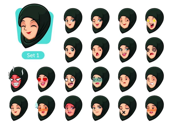 Первая Группа Женщин Черном Хиджабе Аватарах Персонажей Мультфильма Разными Эмоциями — стоковый вектор